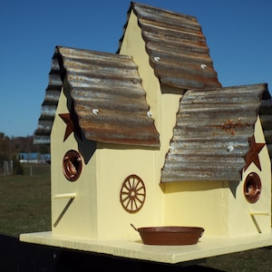 Large Outdoor Bird House Squirrel Proof yellow copper accents and Old Repurposed rusty tin roof Squirrel Proof added