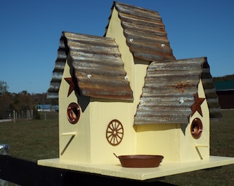 Large Outdoor Bird House Squirrel Proof yellow copper accents and Old Repurposed rusty tin roof Squirrel Proof added