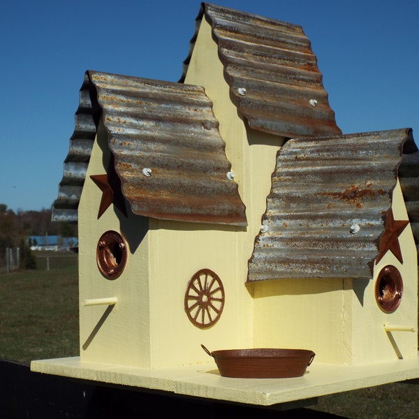 Large Outdoor Bird House yellow copper accents and Old Repurposed rusty tin roof Squirrel Proofed