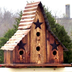 Grande cabane à oiseaux en cèdre, style grange, bois finition brûlée, toit en tôle ondulée rouillée, maison pour troglodyte bleu