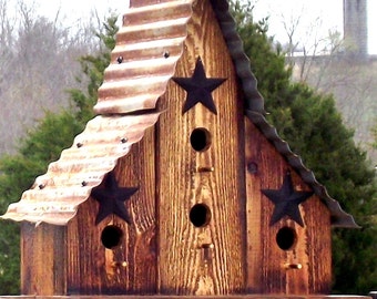 Bird House Large Cedar Bird House Barn Style Burnt Finish wood Corrugated rusty tin Roof Blue Bird Wren House