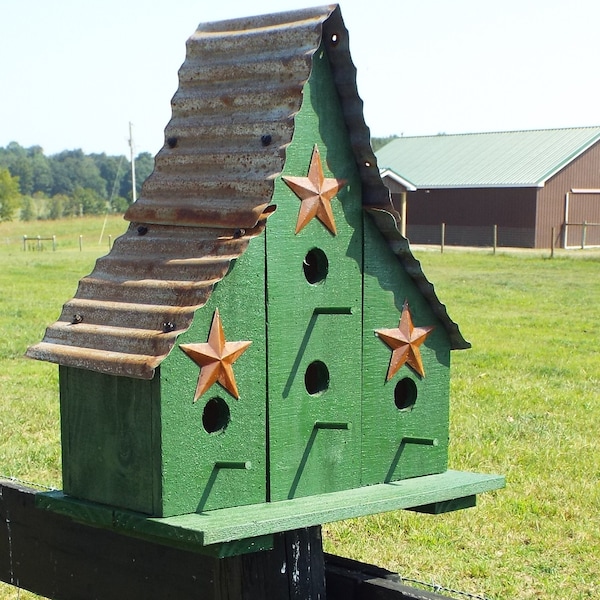 Large Outdoor Triple Bird House Green Brown Barn Style Blue Bird Condo Hand Made Wood Bird House With or Without Stars