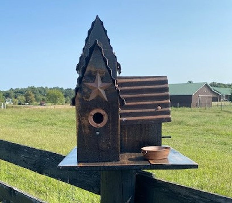 Bird House Large Black Rustic Bird House Metal Roof Rusty Barn Star Hand Made Old Barn image 3