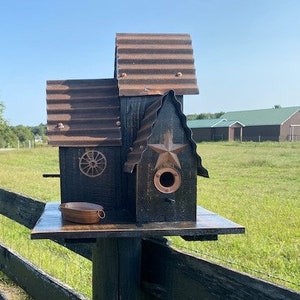 Bird House Large Black Rustic Bird House Metal Roof Rusty Barn Star Hand Made Old Barn image 2