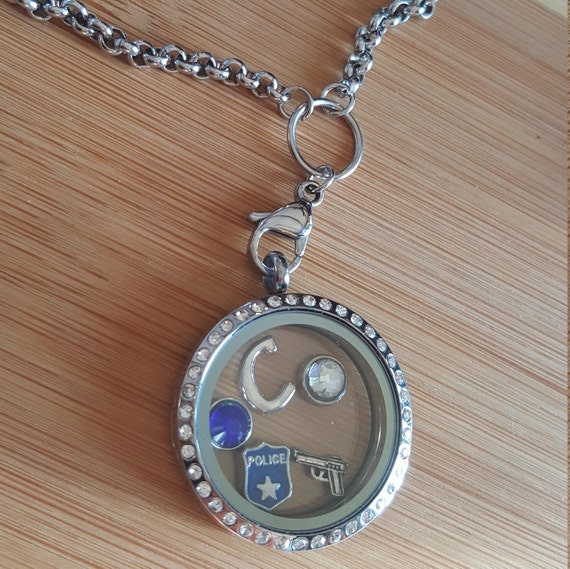 Police Officer Charm Set Police Badge Gun Blue And White Gem And Choose Your Initial Compatible With Origami Owl And Other Brands