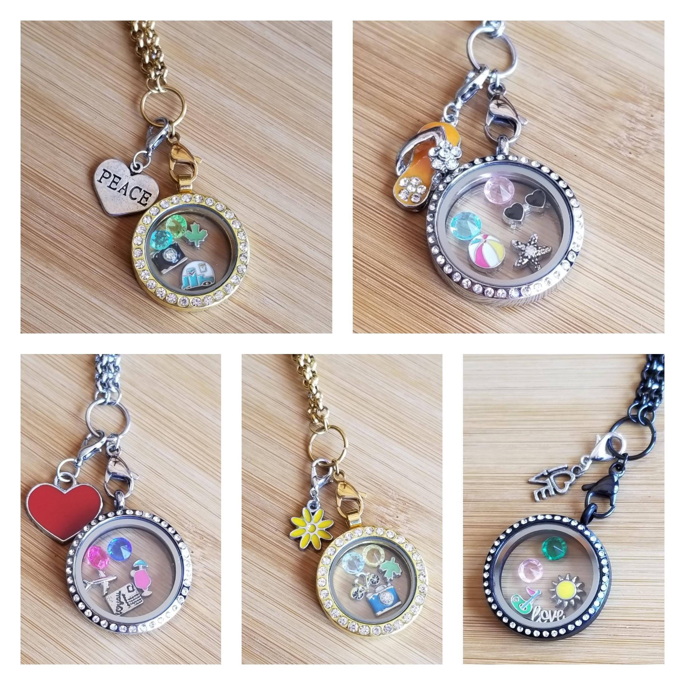 Origami Owl Gold Crystal Living Locket Bracelet Charms and Heart Dangle