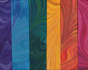Hand Marbled Freestyle Rainbow Fabric Set of 6 Colors