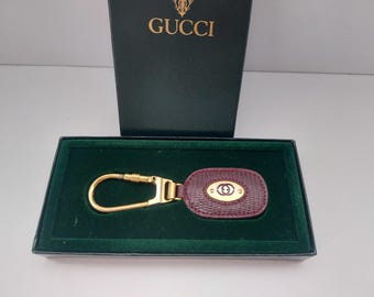 Vintage GUCCI Burgundy Lizard-Embossed Leather Keychain with Box