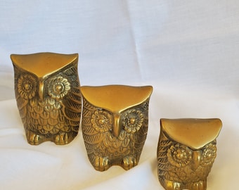 Vintage SOLID BRASS OWLS On A Log Nocturnal Brass Log Saltofmotherearth Office D\u00e9cor Brass Collectible Night Owl
