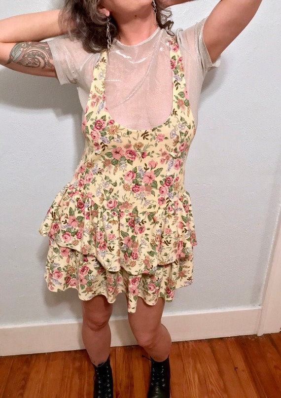 Late 1980's Floral Romper Dress with Tiered Skirt