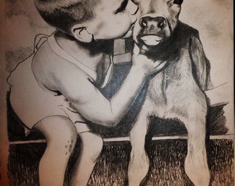 Custom Pencil Portrait - 'baby kissing calf'