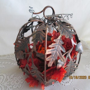 ANTIQUE METAL PUMPKIN copper color with fall leaves and led candle