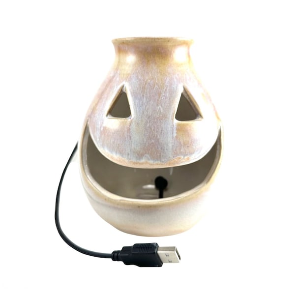 Luminaria LED de calabaza de cerámica hecha a mano de polvo de hadas, linterna de cara de calabaza, decoración de cerámica de Halloween, luminaria eléctrica