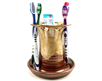 Pottery Toothbrush Holder, Hand Made Ceramic Toothbrush and Toothpaste Holder, Wheel Thrown Pottery (Melted Copper) Handmade Gifts