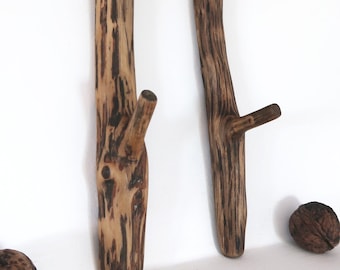 Crochets muraux branche de chêne, lot de 2 patères en bois marron, crochets muraux décoratifs rustiques