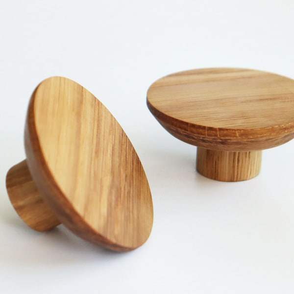 Modern Cabinet Knobs, 2 Oak Wood Drawer Knobs, Round Wooden Dresser Pulls