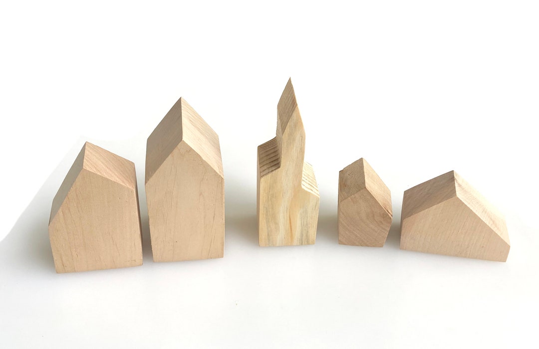 Wooden House Blanks, Set of 5 Unfinished Wooden Blocks, Wood House