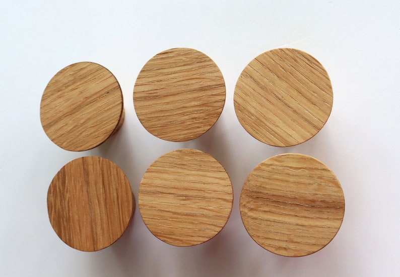 Modern Cabinet Knobs, 2 Oak Wood Drawer Knobs, Round Wooden Dresser Pulls image 4