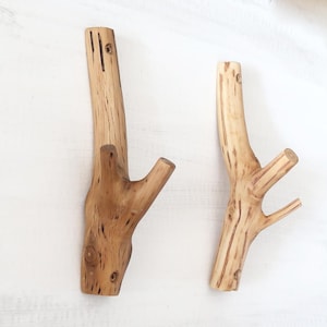 Unique Oak Wood Wall Hooks, Natural Wooden Coat Hooks, Pair Rustic Entryway Wall Hangers