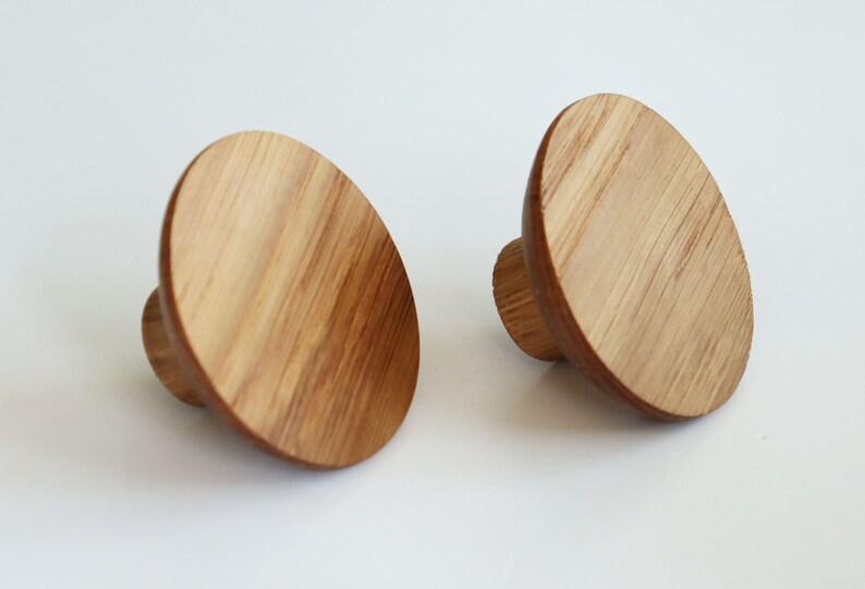 Modern Knobs 2 Oak Wood Drawer Knobs Round Wooden Etsy