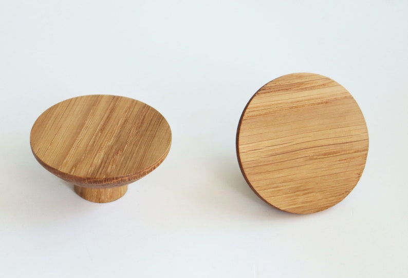 Modern Knobs 2 Oak Wood Drawer Knobs Round Wooden Etsy