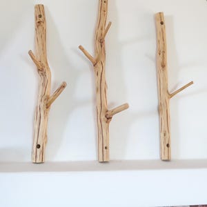 Rustic Oak Branch Wall Hooks, Set of 3 Double Coat Hooks, Wooden Entryway Wall Hooks
