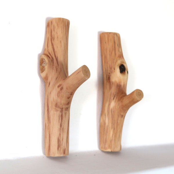 Oak Tree Branch Hooks, Pair Wood Coat Hooks, Rustic Wall  Hooks