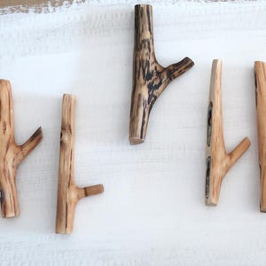 Puede incluir: Un conjunto de cinco ganchos de pared hechos de ramas de madera natural. Cada gancho presenta un acabado marr&oacute;n claro con patrones de grano de madera visibles y un peque&ntilde;o segmento de rama que sobresale. Los ganchos var&iacute;an en forma y textura, con una pieza que muestra marcas oscuras.