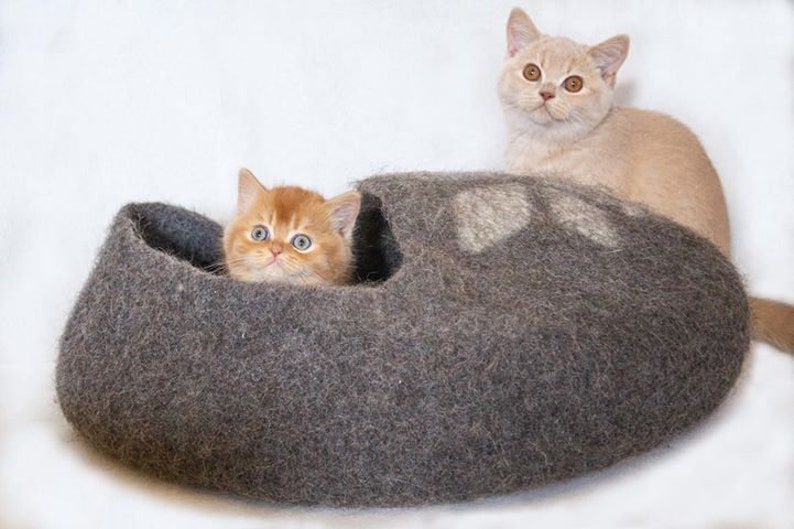 May include: Two orange tabby kittens, one inside a grey felt cat bed and the other sitting on the edge of the bed. The bed is shaped like a shoe.