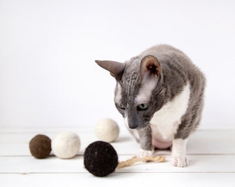 Handmade Felt Cat Toy: Dark Brown Wool Ball with Sisal Rope
