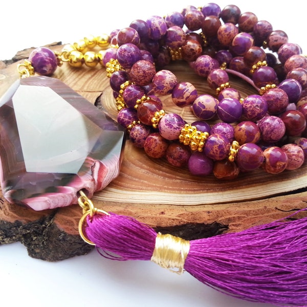 Purple Sea Sediment Jasper,Jasper Necklace,Silk Purple Tassel Necklace,Boho Jewelry,Agate stone necklace,beaded tassel necklace,boho chic