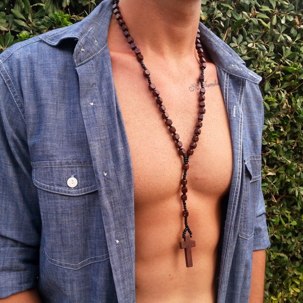 Men beaded Cross Necklace, Wooden necklace for Men, Wood Cross Surfer Necklace, Christian jewelry Y necklace