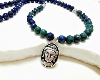 Beaded Necklace for Men, Buddha necklace men, Lapis Lazuli bead Necklace, Buddhist Spiritual Jewellery, Yoga Gift for him