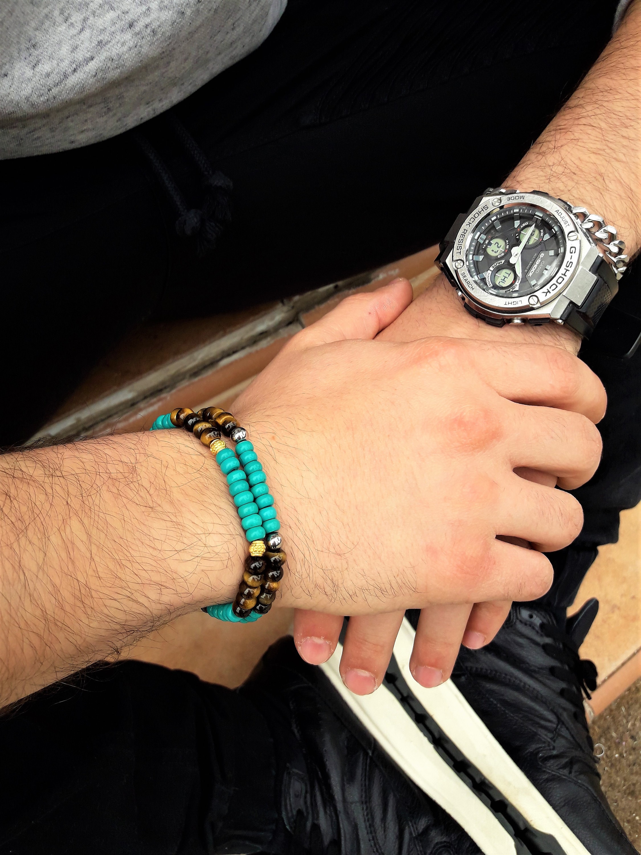 Turquoise Beaded Bracelet Men Tiger Eye 