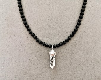 Black Onyx Beaded Necklace for Men: Lava Stone, Crystal Point
