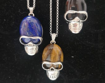 Men's Gemstone Skull Pendant Necklace: Gothic Stainless Steel Chain