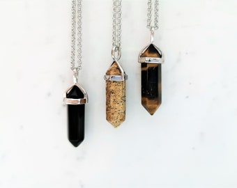 Men's Crystal Point Necklace: Stainless Steel Chain, Gemstone Pendant