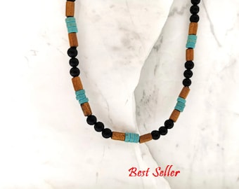 Beaded necklace for men, Men's Turquoise Beaded Choker, African wooden Men's Necklace, Men African jewellery, Gifts for men