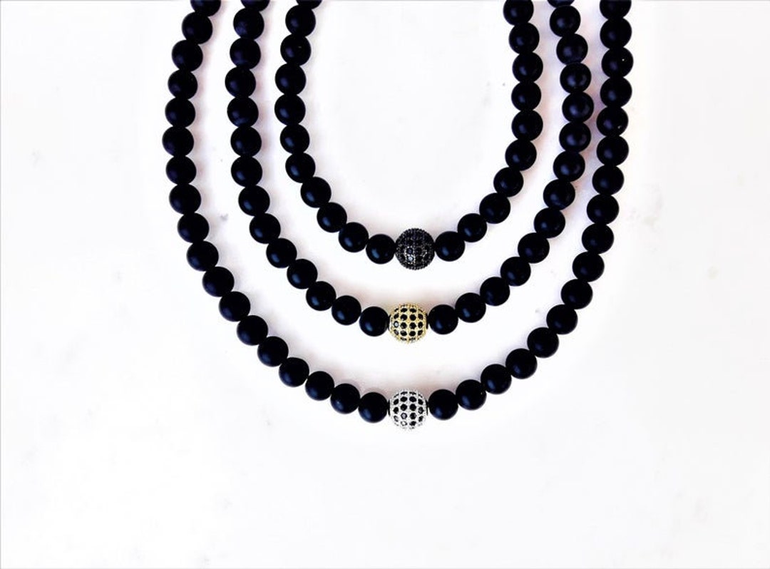 Mens Onyx Beaded Necklace Mens Long Gemstone Necklace Surfer Etsy
