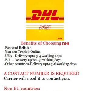 Op de afbeelding: Een geel en rood DHL Express-logo met de tekst "SHOP WITH CONFIDENCE!!! Choose DHL Shipping Upgrade at Checkout" bovenaan en een lijst met voordelen van het kiezen van DHL-verzending, waaronder snelle en betrouwbare levering, online tracking en levertijden voor de VS, de EU en andere landen. De tekst "A CONTACT NUMBER IS REQUIRED Carrier will need it to contact you." is rood. De tekst "Non EU countries: Based on each country's custom policies ther may be a customs fee. Buyers are responsible for any customs and import taxes that may apply." is ook rood.