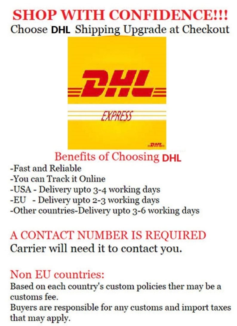 Op de afbeelding: Een geel en rood DHL Express-logo met de tekst "SHOP WITH CONFIDENCE!!! Choose DHL Shipping Upgrade at Checkout" bovenaan en een lijst met voordelen van het kiezen van DHL-verzending, waaronder snelle en betrouwbare levering, online tracking en levertijden voor de VS, de EU en andere landen. De tekst "A CONTACT NUMBER IS REQUIRED Carrier will need it to contact you." is rood. De tekst "Non EU countries: Based on each country's custom policies ther may be a customs fee. Buyers are responsible for any customs and import taxes that may apply." is ook rood.