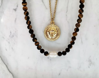 Tiger Eye Beaded Necklace Men, Men‘s pearl Necklace, Leo Necklace, Zodiac necklace Men, Horoscope necklace men, Mens chain necklace