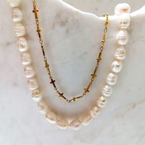 Pearl Choker Necklace Men, Gold Cross Chain Necklace Men, Ivory Pearl Beaded Necklace, Gifts for Men, Birthday Gift for Him