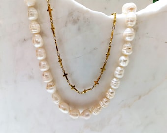Pearl Choker Necklace Men, Gold Cross Chain Necklace Men, Ivory Pearl Beaded Necklace, Gifts for Men, Birthday Gift for Him