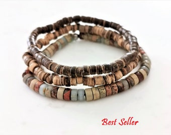Armband van serpentine- en kokosnoot-Heishi-kralen: boho stapelstijl
