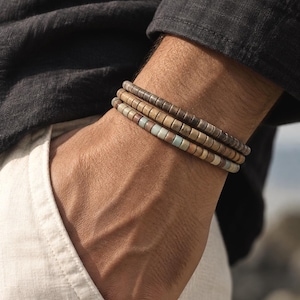 Men’s Beaded Bracelet,Serpentine & Coconut Heishi beads, Natural Stone Bracelet, Boho Jewelry, Handmade Stretch Bracelet, Men’s Gift