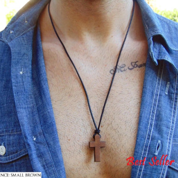Men Wooden Cross Necklace, Christian jewelry for men, Wood Cross Surfer Necklace, Adjustable Necklace