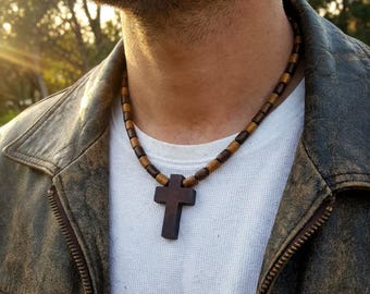 Men's Wood Cross Necklace: Beaded Christian Jewelry