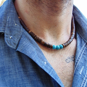 Afrikanischer Türkis und Holzperlen Halskette für Männer, Jeden Tag Unisex Boho Halskette, Edelstein und Holzperlen Halskette, Geschenk Freund