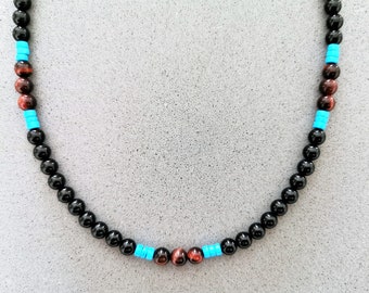Black Onyx Beaded Choker Necklace for Men: Stainless Steel Findings